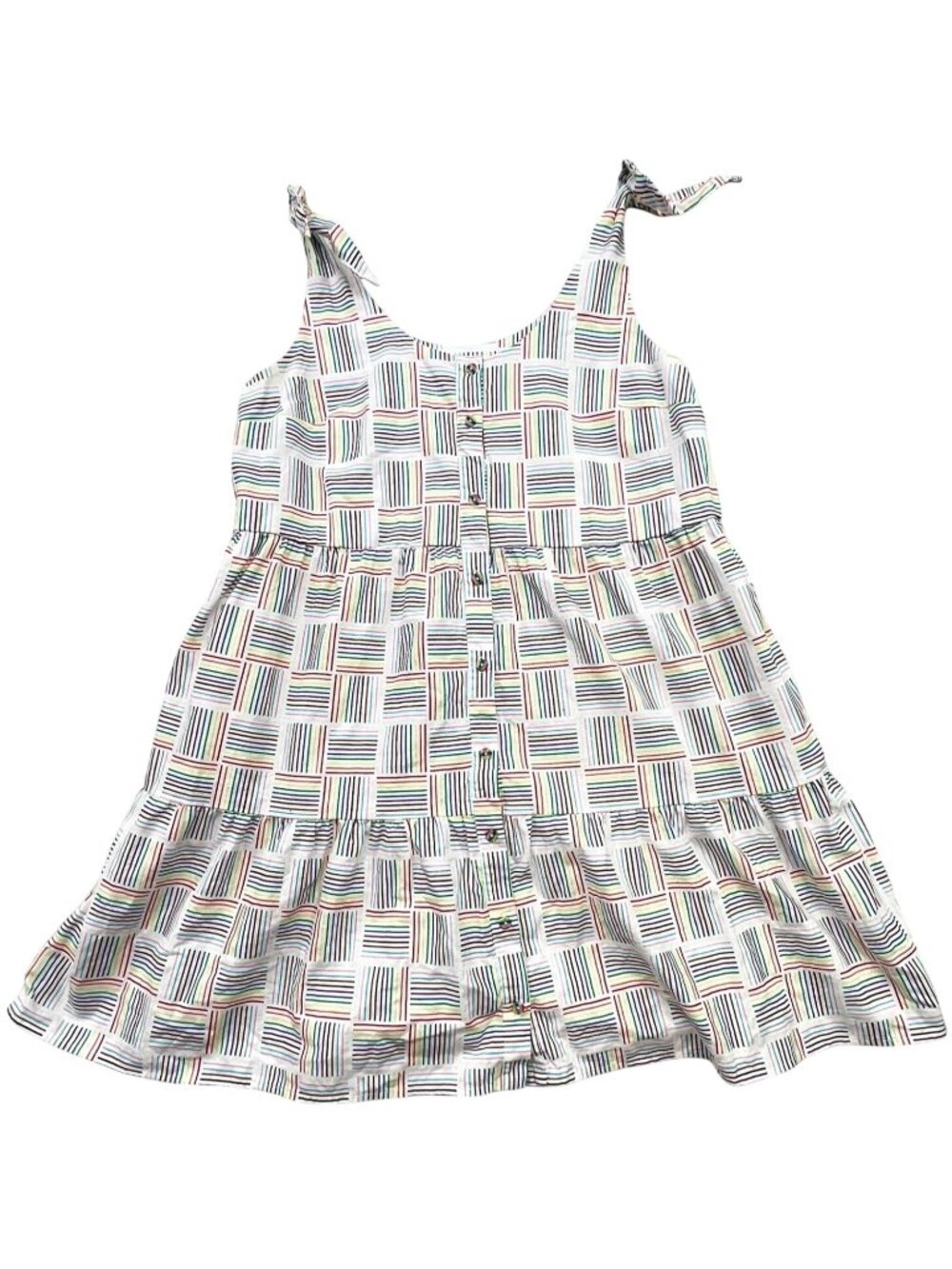 Womens Linen Button Front Tiered Dress Sz L White Multi Rainbow Stripe